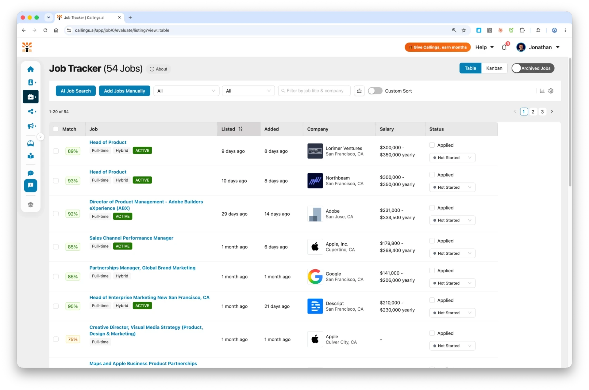 Job Tracker table view showing saved roles with match scores, companies, and application status