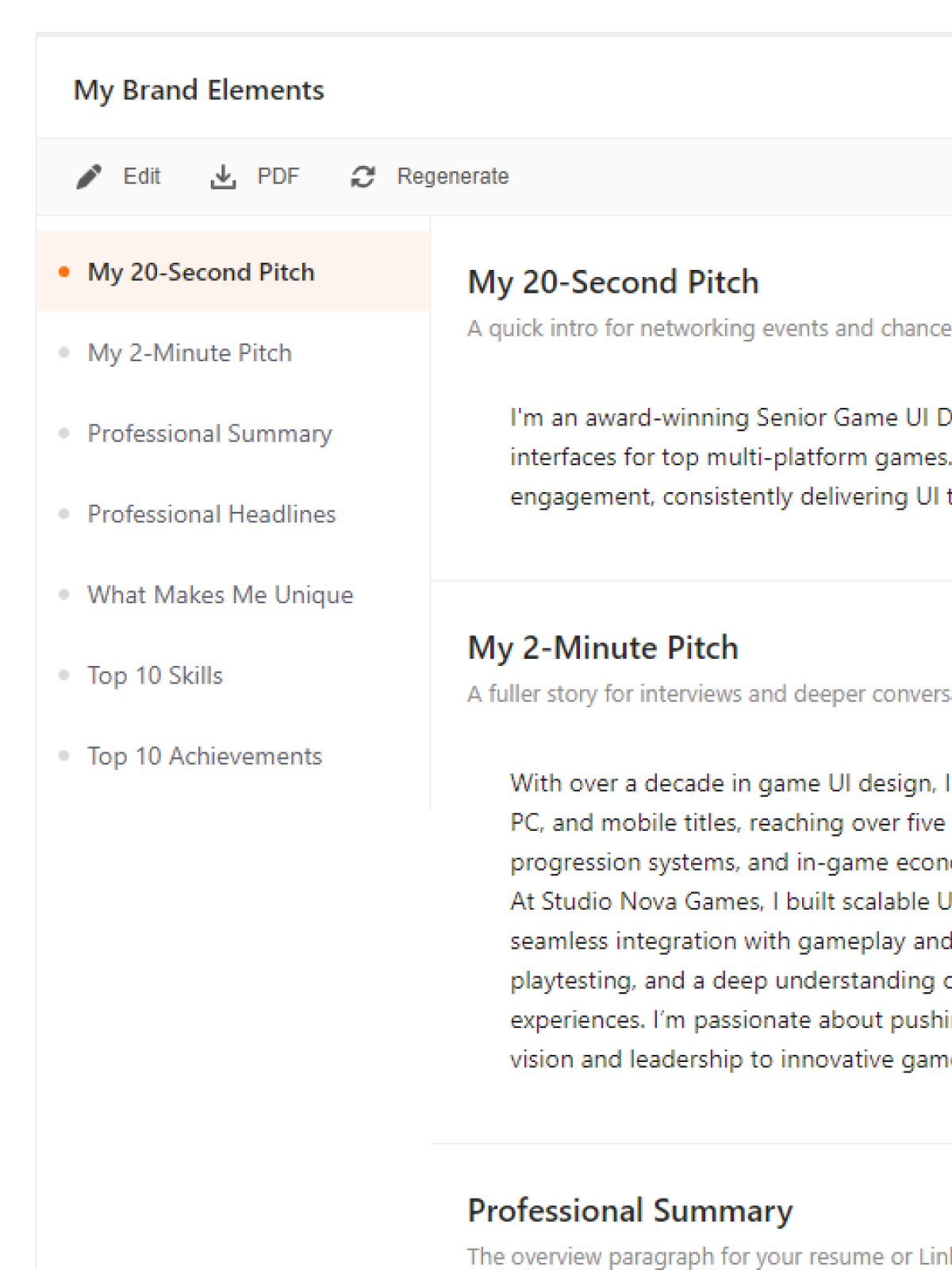 Brand elements including elevator pitches, summaries and differentiators