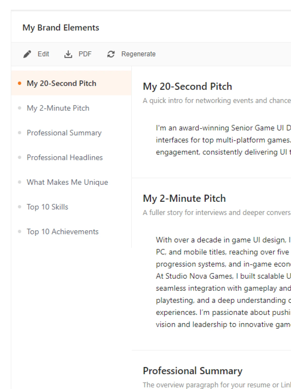 Brand elements including elevator pitches, summaries and differentiators