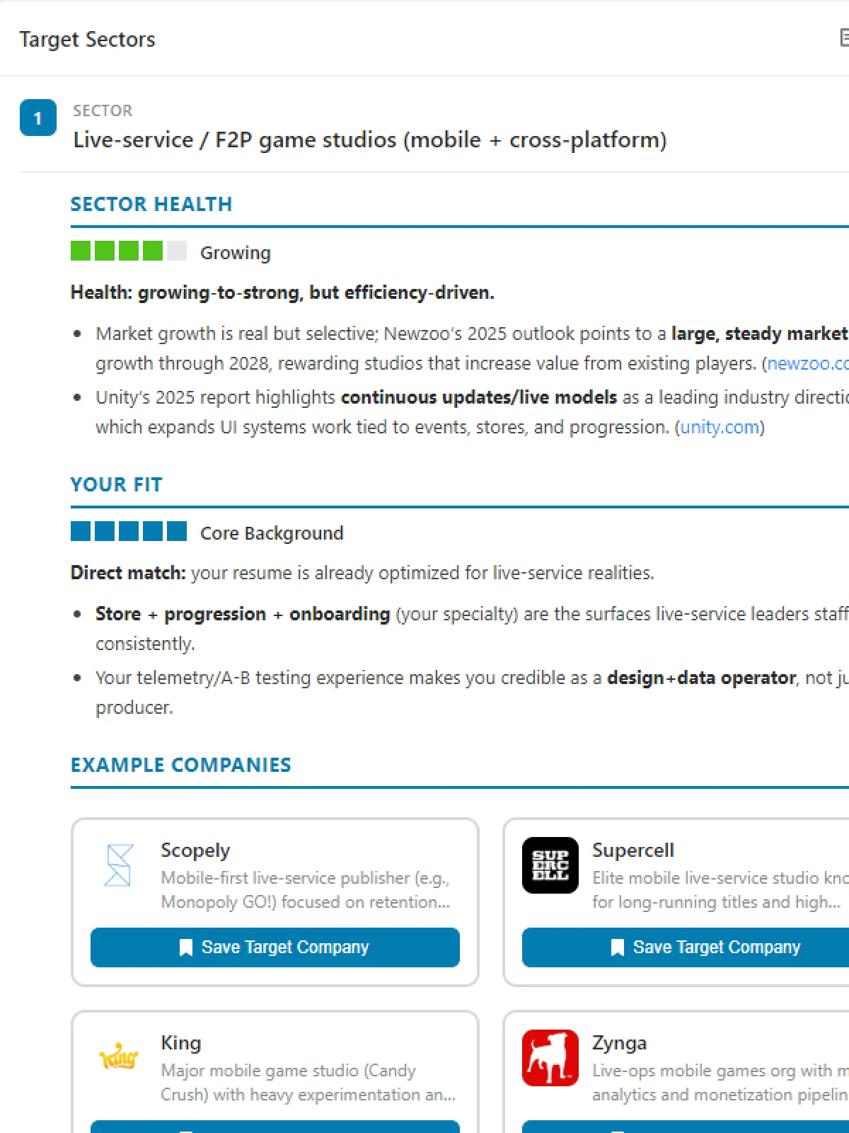 Market Fit Report with sector analysis and career roadmap