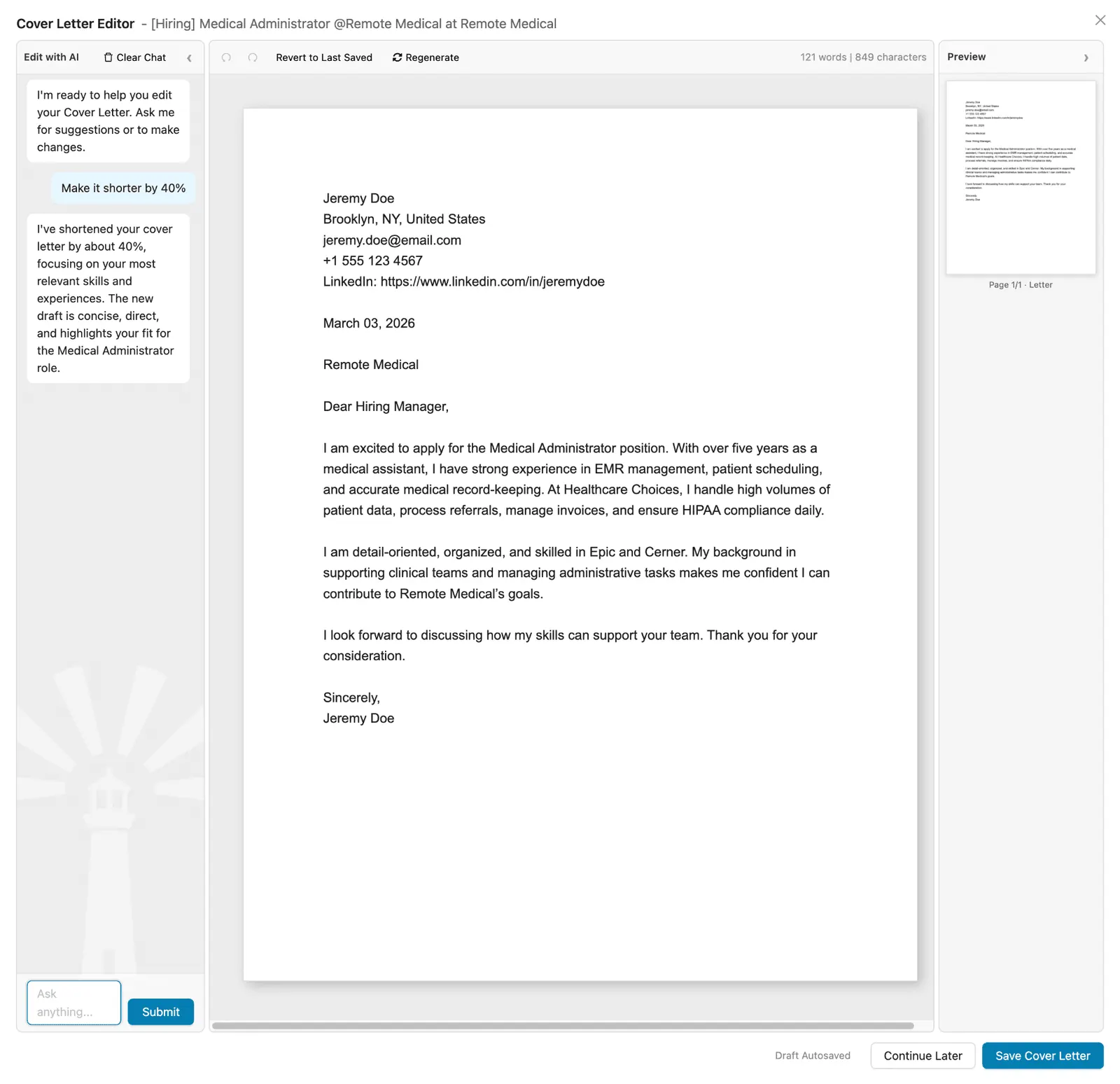 Callings.ai AI cover letter editor with chat prompts for adjusting tone and length