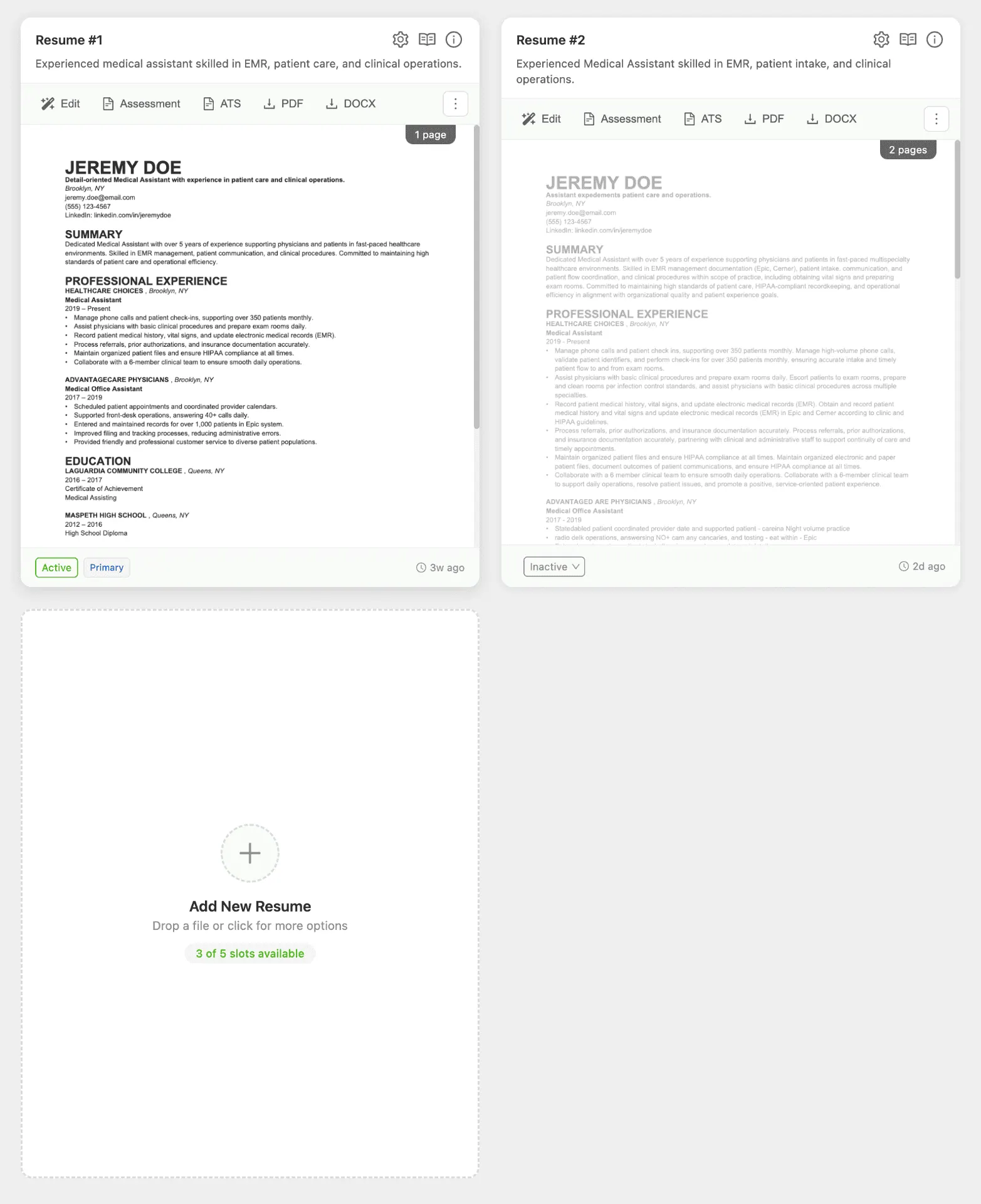 Callings.ai base resume library showing multiple resumes targeting different roles and industries