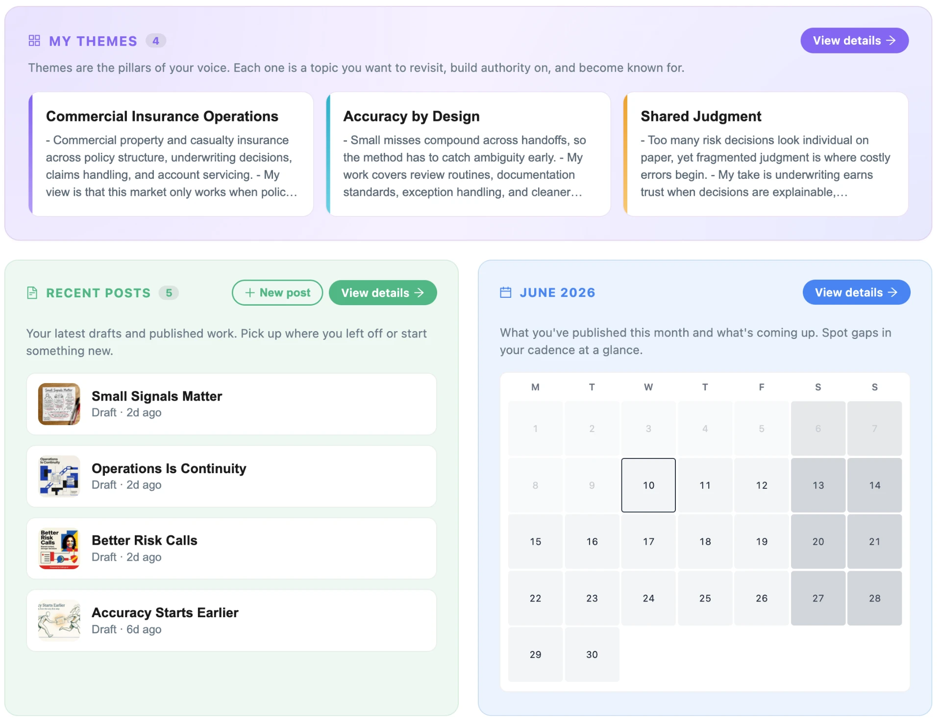 My Posts dashboard showing writing themes, recent posts, and a publishing calendar