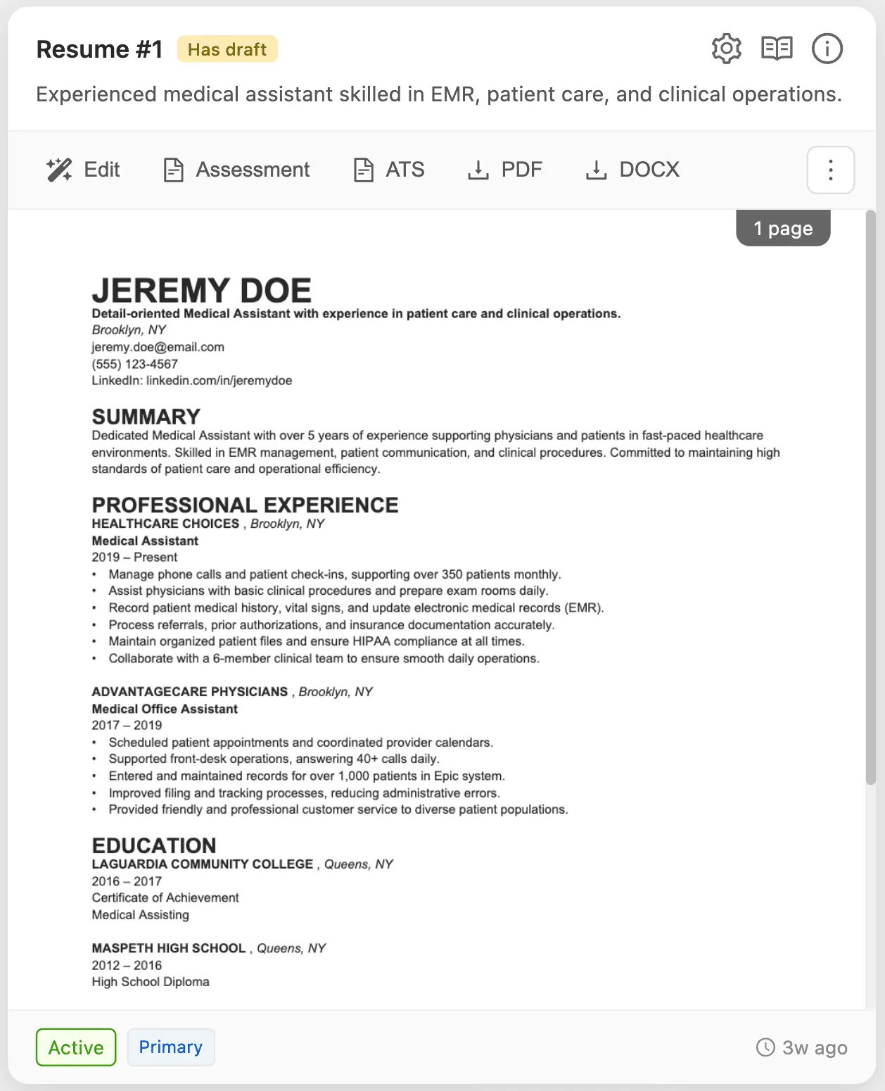 Callings.ai resume builder interface showing a base resume with AI assessment and editing tools