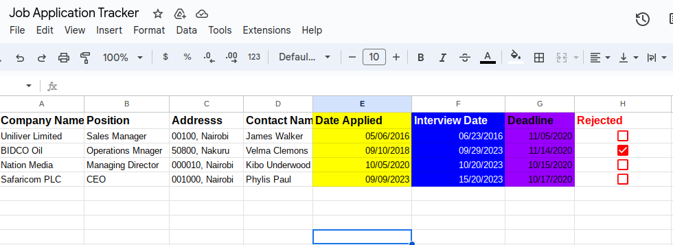 Messy job search spreadsheet