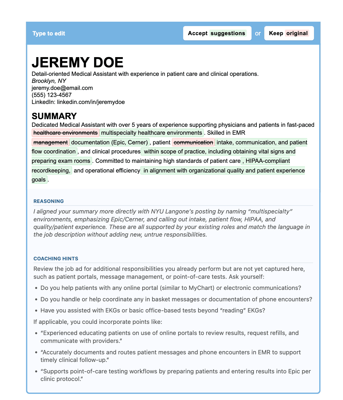 Tailored resume generation for specific job applications