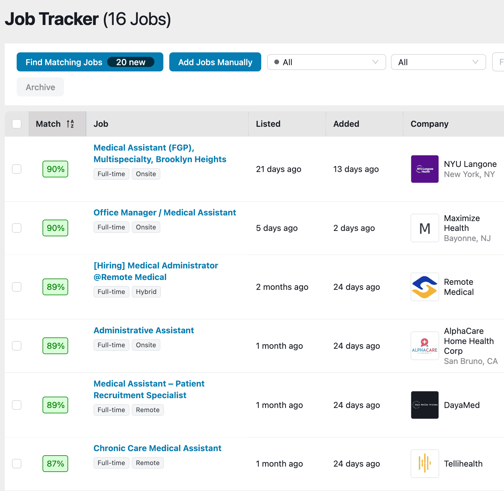 Callings.ai job tracker dashboard