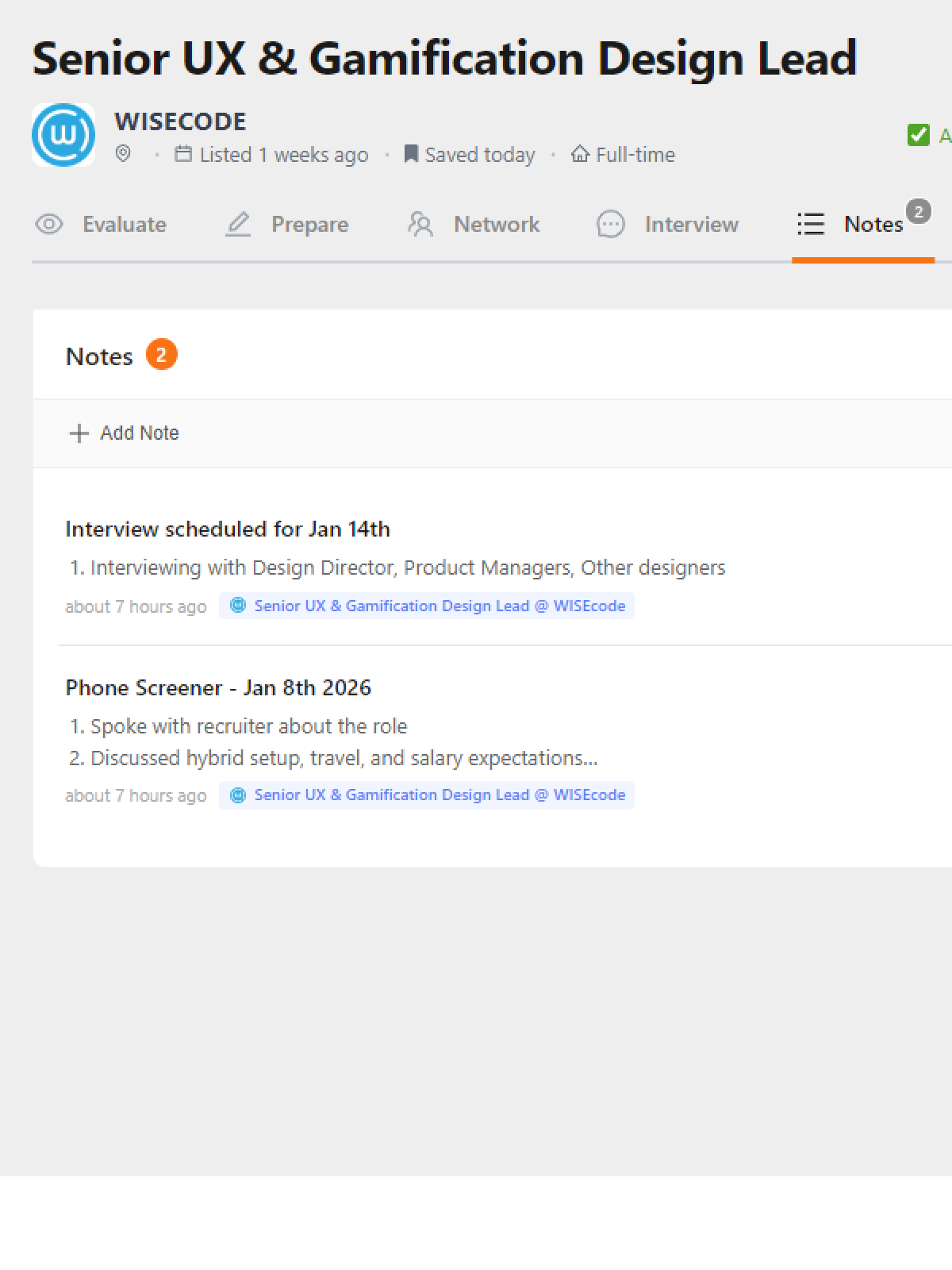 Integrated notes and to-do tracking for job search pipeline