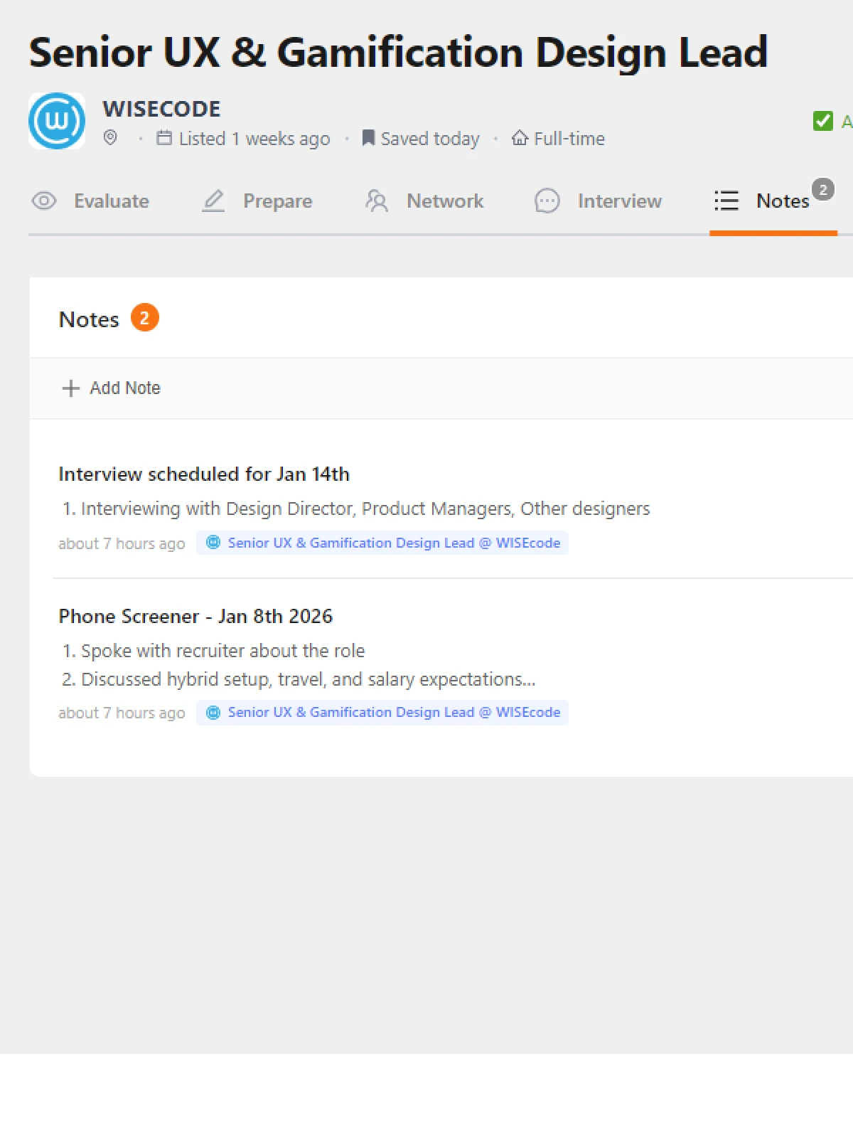 Integrated notes and to-do tracking for job search pipeline